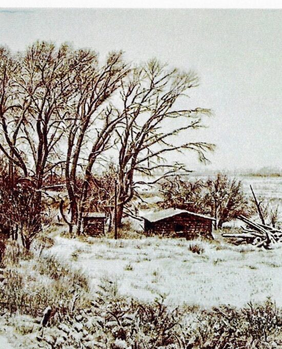 James Bama “Bob Rumsey’s place” 1974 Vintage page from ’70s cowboy art book Winter scene