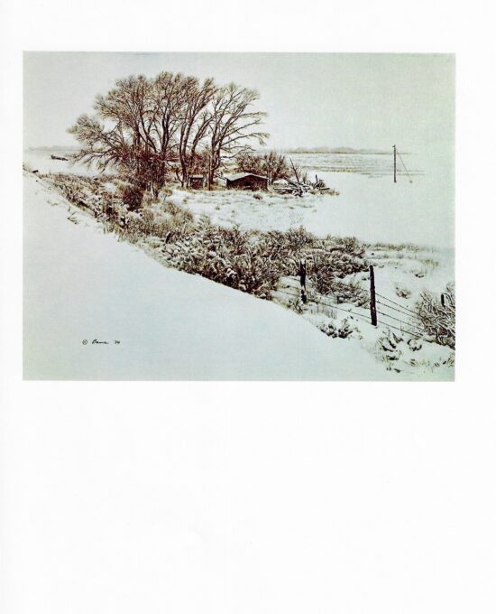 James Bama “Bob Rumsey’s place” 1974 Vintage page from ’70s cowboy art book Winter scene