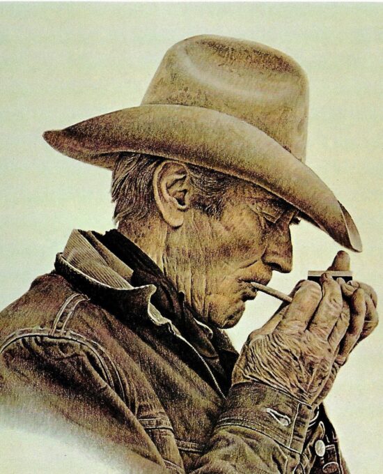 James Bama “Slim lighting up” 1974 Vintage page from ’70s cowboy art book