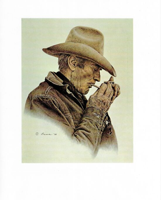 James Bama “Slim lighting up” 1974 Vintage page from ’70s cowboy art book