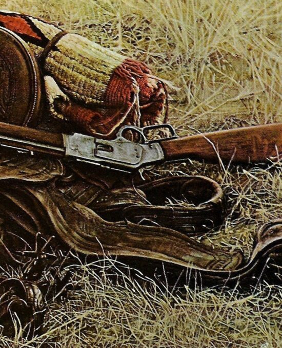James Bama Western art 1880s saddle and rifle still life Vintage book print