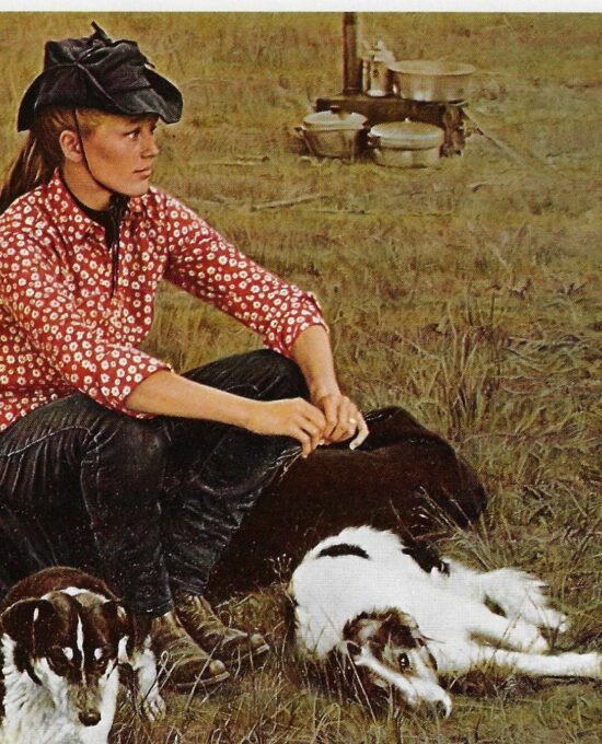 James Bama “Lynn and the Dogs” 1970 Vintage page from ’70s cowboy art book