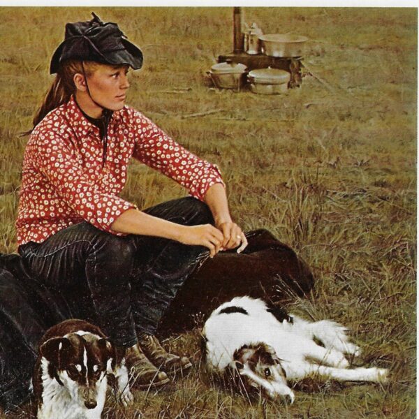 James Bama "Lynn and the Dogs" 1970 Vintage page from '70s cowboy art book