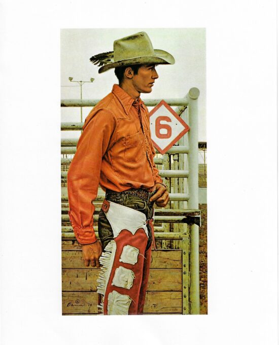 James Bama “High School Bronc Rider” 1974 Vintage page from ’70s cowboy art book Cody, Wyoming