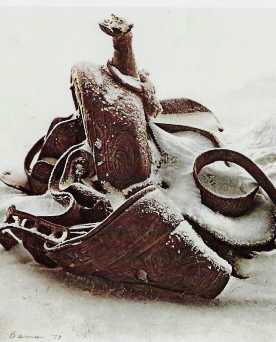 James Bama “Old saddle in the snow” 1973 Vintage page from ’70s cowboy art book century old saddle