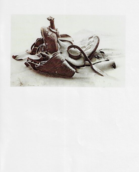 James Bama “Old saddle in the snow” 1973 Vintage page from ’70s cowboy art book century old saddle
