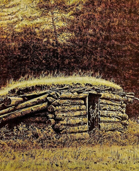 James Bama “Old homesteader’s sod roof cabin” 1972 Vintage art
