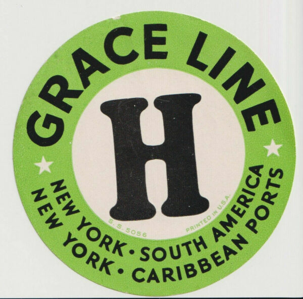 Grace Line Paper luggage label South America Caribbean New York unglued A1 1950s