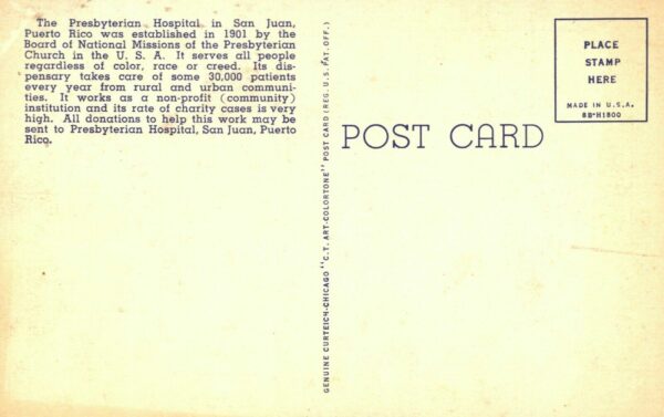 San Juan Puerto Rico Presbyterian Hospital [c.1940] Linen postcard Unposted B1 - Image 2