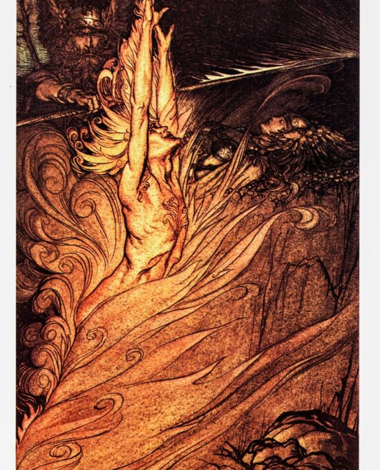 The Rhinegold and the Valkyrie Arthur Rackham 1910 art “Appear, flickering fire…” Color vintage book plate FREE SHIPPING