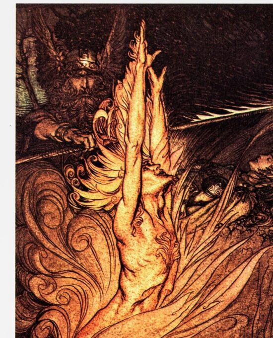 The Rhinegold and the Valkyrie Arthur Rackham 1910 art “Appear, flickering fire…” Color vintage book plate FREE SHIPPING