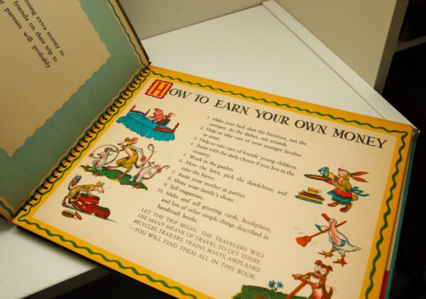 Tony Sarg's Savings Book "A Trip to Golden City" [1946] First edition Large children's picture book with spots to insert coins & dollar bill - Image 7