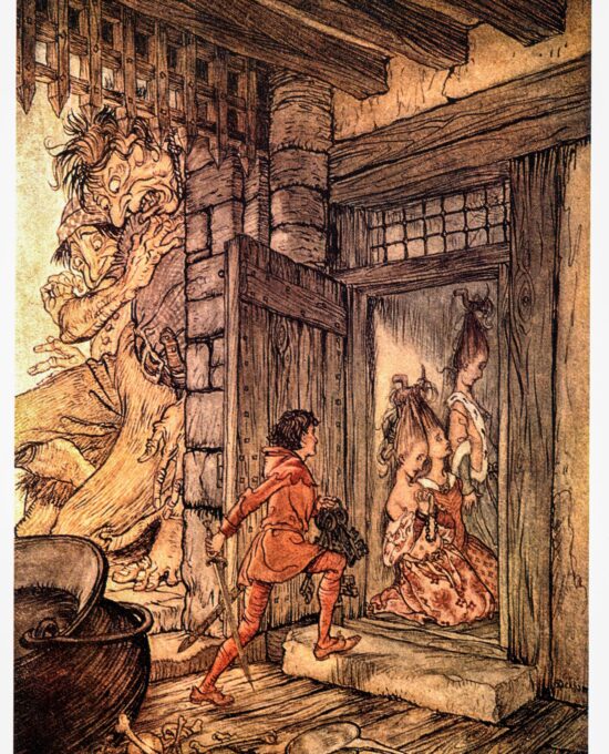 English Fairy Tales as retold by FA Steel Arthur Rackham 1918 art “Taking the keys of the castle, Jack…” Color vintage book page