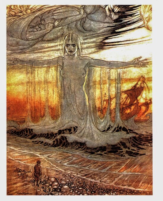 Aesop’s Fables Arthur Rackham 1912 art “The Shipwrecked Man & the Sea…” Color vintage art book page FREE SHIPPING