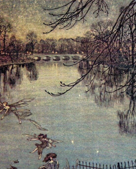 Arthur Rackham Vintage 2-sided fairy tale art book page “The Serpentine is a Lovely Lake…” & “The Fairies of the Serpentine” Peter Pan