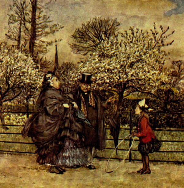 Arthur Rackham Vintage 2-sided art book page "He passed under the bridge..." & "...grown up people in the Gardens" Kensington Gardens - Image 3