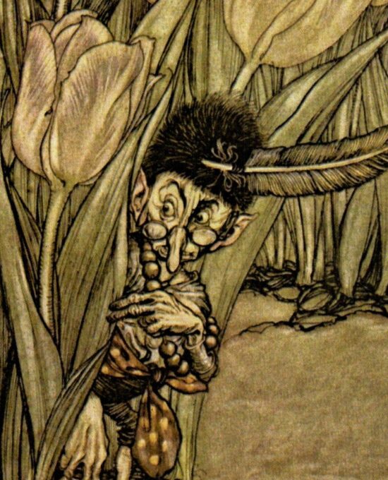 Arthur Rackham Vintage 2-sided art book page “When he heard Peter’s voice…” & “…sawing down a toadstool…” Kensington Gardens