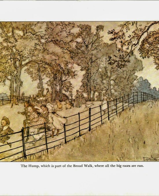Arthur Rackham Vintage 2-sided fairy tale art book page “…a keen sense of fun” & “The Hump [on the] Broad Walk” Peter Pan FREE SHIPPING
