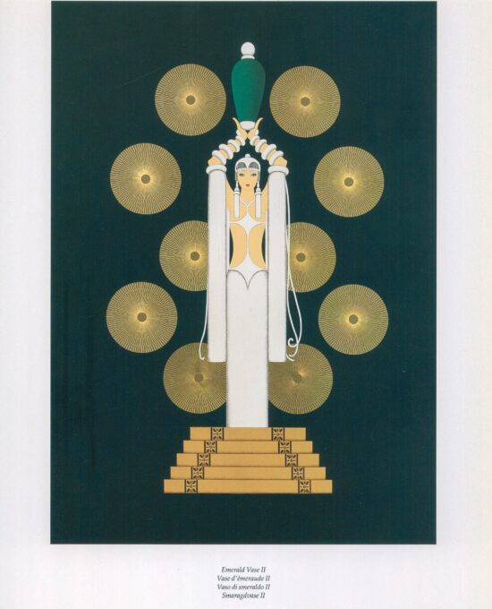 Erte Classic Art Deco Print “Emerald Vase II” c.1988 Vintage art book page 10 x 13 1/2″