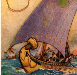 From Chaucer's Works "Cleopatra's Galley at the Battle of Actium" Vintage illustration by Warwick Goble