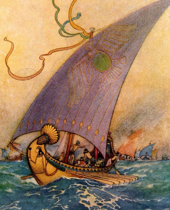 From Chaucer’s Works “Cleopatra’s Galley at the Battle of Actium” Vintage illustration by Warwick Goble