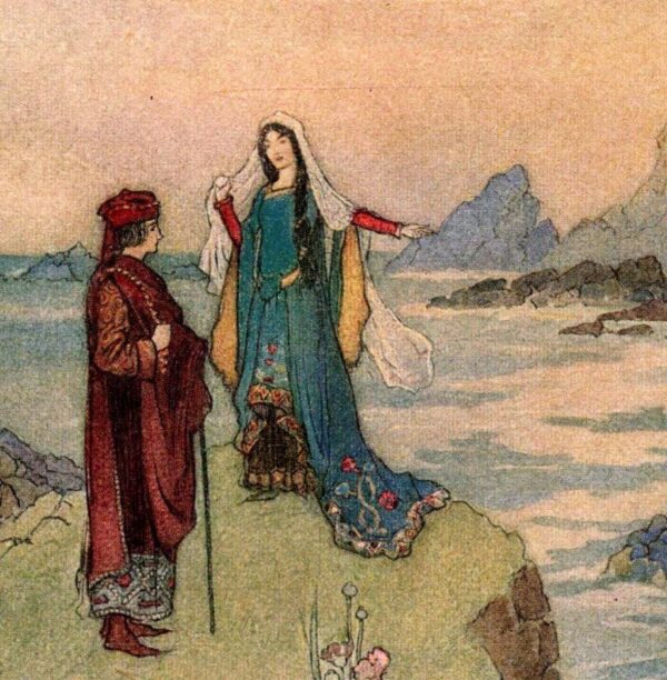 From Chaucer's Works "Dorigen Pledging Aurelius" Vintage illustration by Warwick Goble