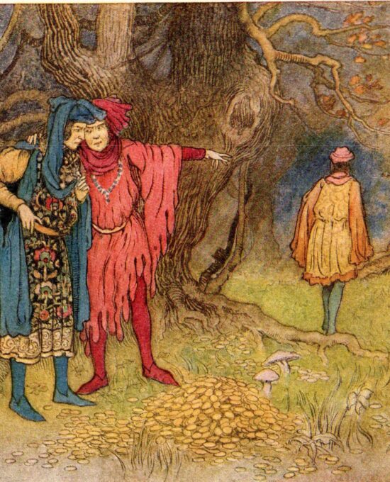 From Chaucer’s Works “The Three Revellers and the Gold” Vintage illustration by Warwick Goble