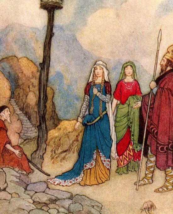 From Chaucer’s Works “Give me back my sight!” Vintage illustration by Warwick Goble 1930s