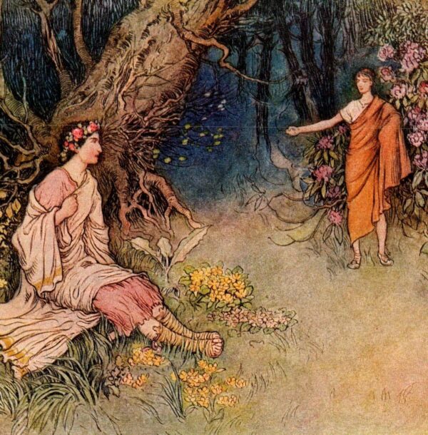 From Chaucer's Works "The Meeting in the Wood" Vintage illustration by Warwick Goble 1930s