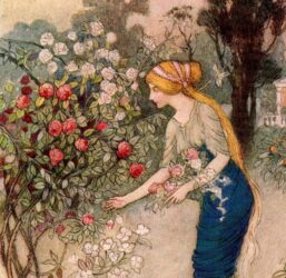 From Chaucer's Works "Emily in the Garden" Vintage illustration by Warwick Goble 1930s