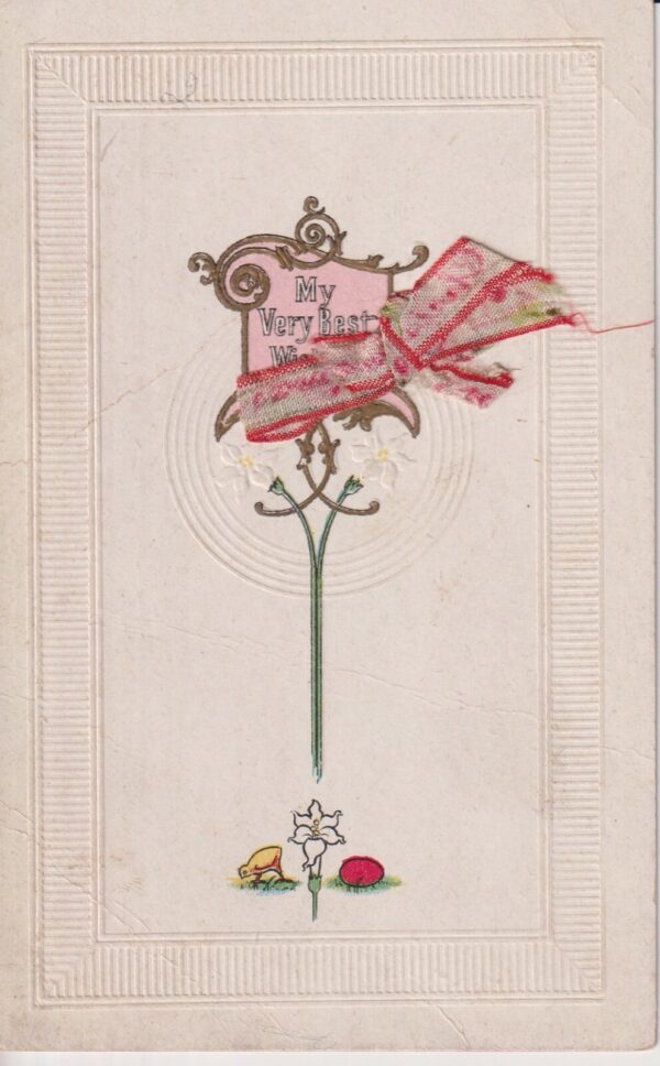 Embossed postcard with ribbon [c.1898] Lilly chick egg "My very best wishes" A2