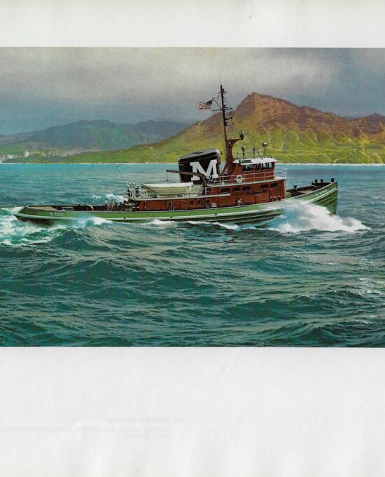 Vintage book page print “M. Moran” – Deepsea tug arriving in Honolulu, Hawaii” Carl G. Evers c.1972 (Copy)
