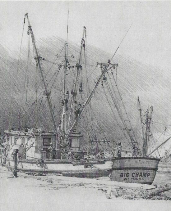 Repairing the rigging – Shrimpboat at Key West Vintage art book page maritime print Carl Evers