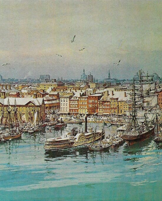 Old “South Street, 1876, Fulton Fish Market, Lower New York” Vintage art book page maritime print Carl Evers
