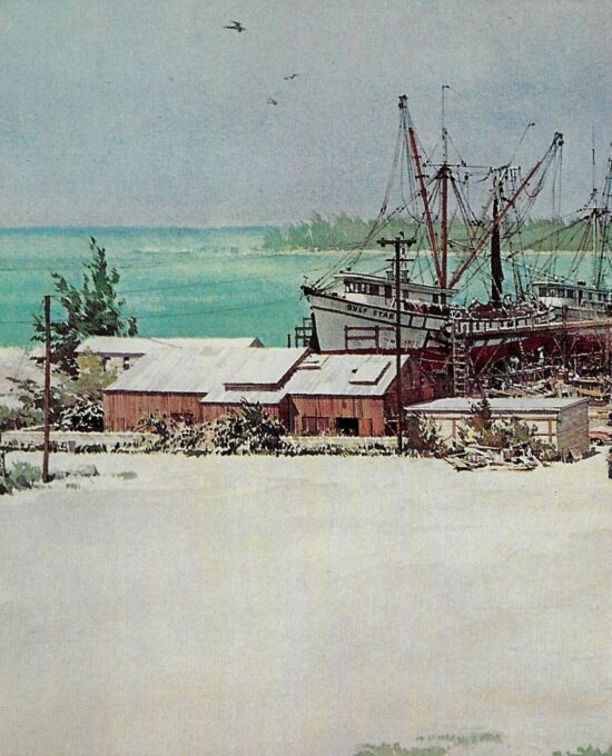 Vintage book page maritime print “Key West boatyard – Repairing shrimp boats in Florida sun” Carl G. Evers