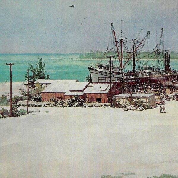 Vintage book page maritime print "Key West boatyard - Repairing shrimp boats in Florida sun" Carl G. Evers
