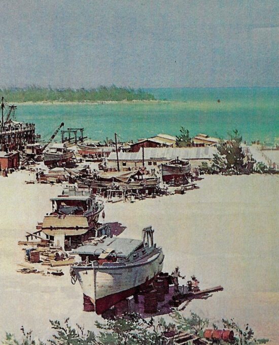 Vintage book page maritime print “Key West boatyard – Repairing shrimp boats in Florida sun” Carl G. Evers