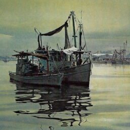 Vintage book page print "Mobile Bay, Shrimper at ease, Sunday afternoon" Carl G. Evers Seventies era