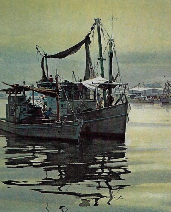 Vintage book page print “Mobile Bay, Shrimper at ease, Sunday afternoon” Carl G. Evers Seventies era
