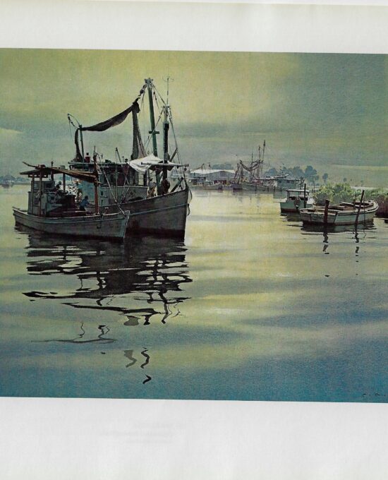 Vintage book page print “Mobile Bay, Shrimper at ease, Sunday afternoon” Carl G. Evers Seventies era