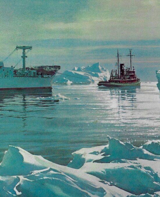 Vintage book page print “Deepsea tug Moran delivering powerplant for Thule, Greenland” Carl G. Evers