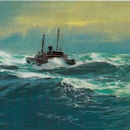 Vintage book page maritime print "Heavy Duty" Carl G. Evers 1972 Deep sea tug pulling disabled freighter
