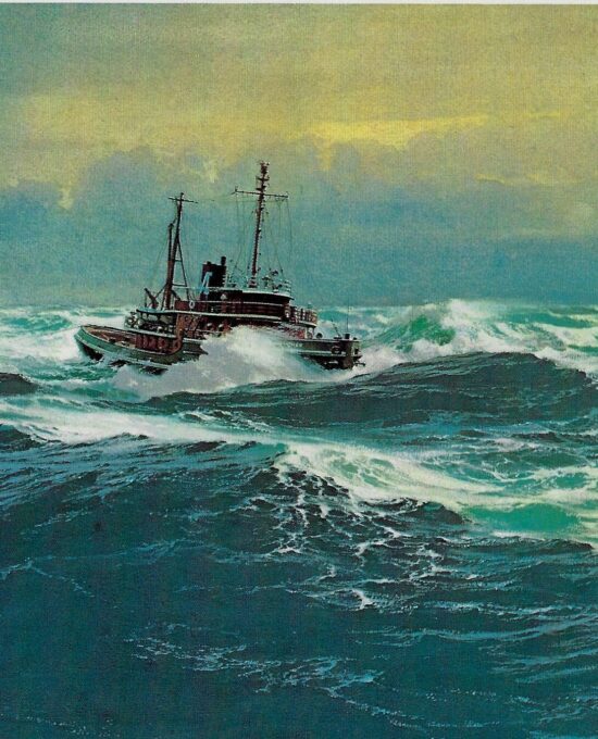 Vintage book page maritime print “Heavy Duty” Carl G. Evers 1972 Deep sea tug pulling disabled freighter
