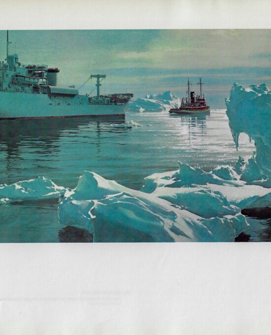 Vintage book page print “Deepsea tug Moran delivering powerplant for Thule, Greenland” Carl G. Evers