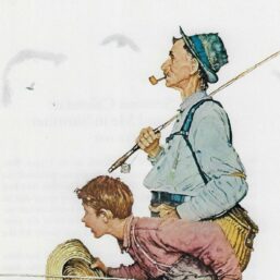 Norman Rockwell Vintage art book page "Grandpa and Me Going Fishing" Spring 1948