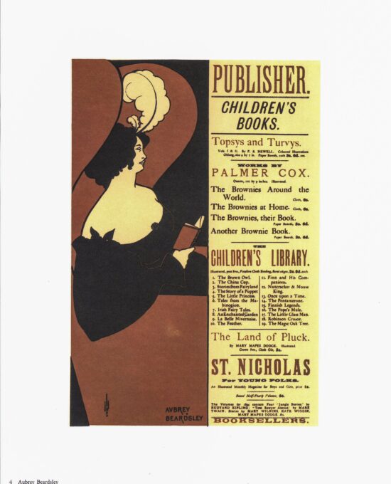 Vintage art book page Victorian poster Aubrey Beardsley Fisher Unwin Children’s books publisher ad Marguerite Dufay by Louis Anquetin