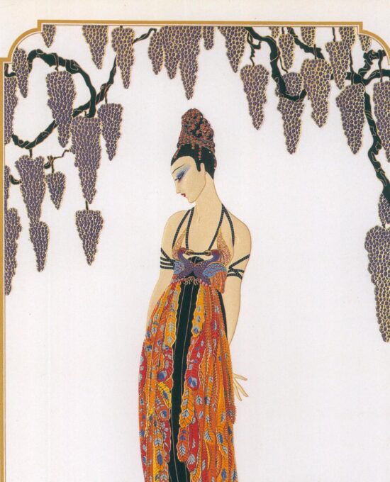 Erte Vintage Art Deco Print “Feather Gown/Carnations” c.1988 Vintage art book page 10 x 13 1/2″