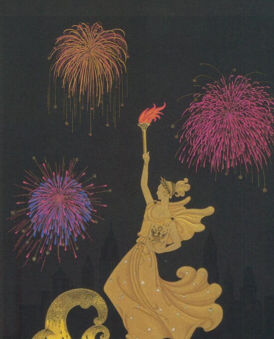 Erte Classic Art Deco Print “Statue of Liberty (Night)/Aphrodite” c.1988 Vintage art book page 10 x 13 1/2″