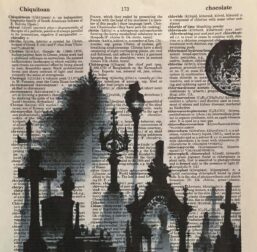 Mary Shelley Frankenstein inspired graveyard scene Original art print on unique vintage dictionary paper for the game room