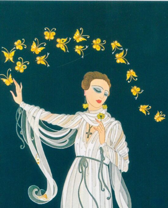 Erte Theatrical Costume print Costume for soprano Ganna Walska in “Fedora” 1919/”Athena” 9 x 12 1/4″ vintage art page
